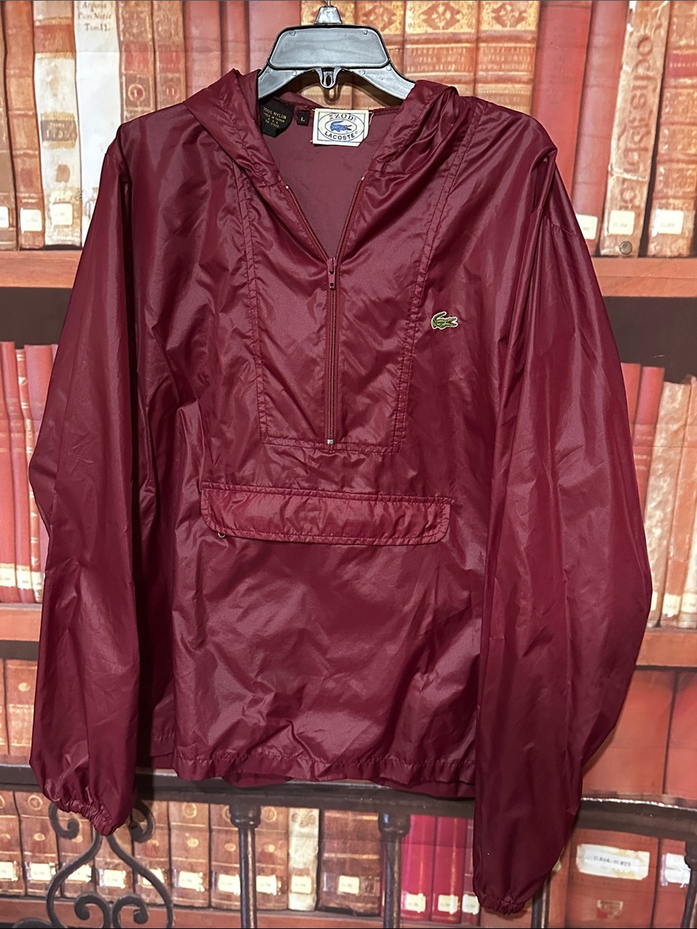 Vintage 80s IZOD Lacoste Burgundy Anorak Windbreaker L Unisex hooded